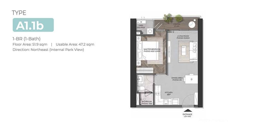 Floor Plan for Căn hộ 1 phòng ngủ Loại-A1.1b