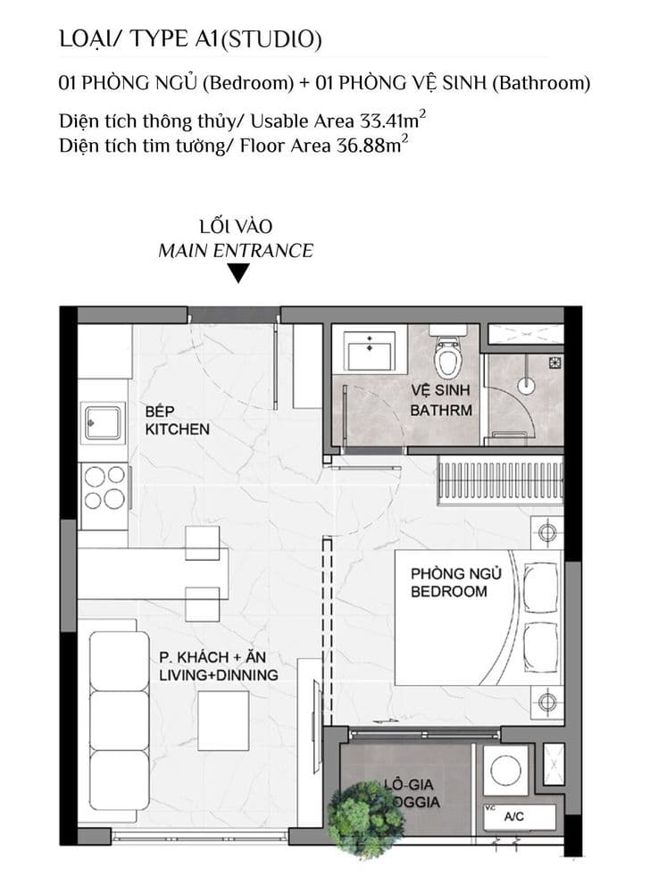 Floor Plan for Elysian Khối A - Loại A1 (Studio)